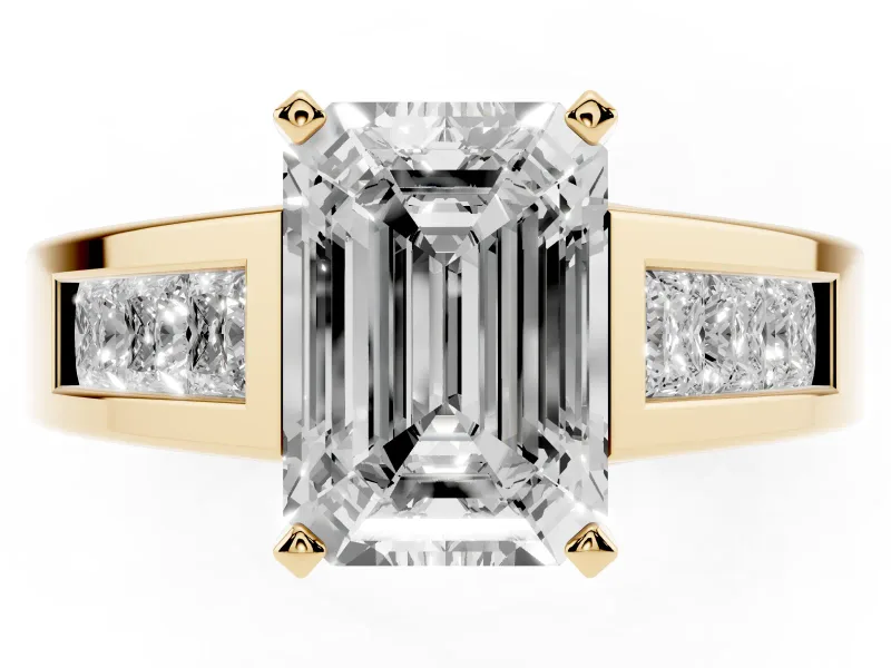 Emerald Cut Channel-Set Engagement Ring Setting | Princess Side Stones | Yellow Gold