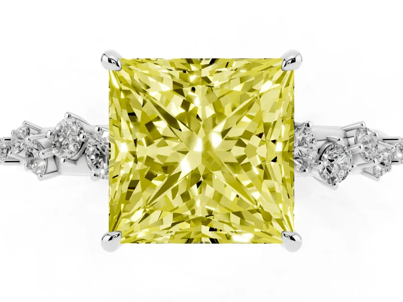 Fancy Yellow Princess Cut Diamond Cluster Solitaire Ring Set in Silver with Prong Setting