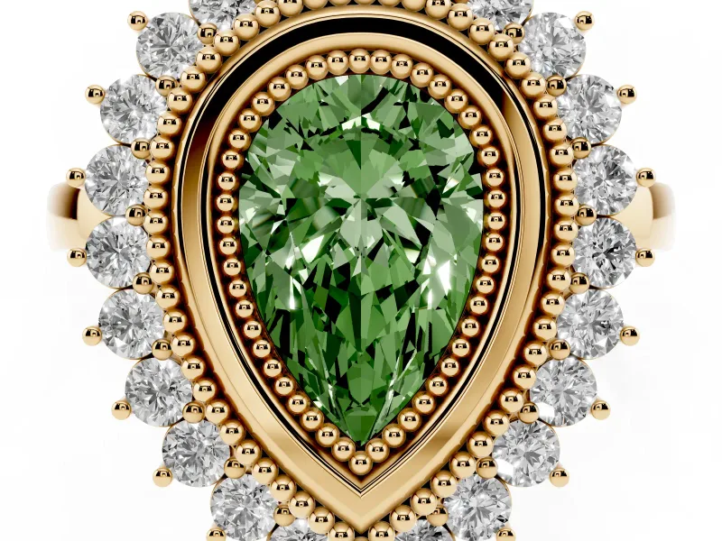 Fancy Green Pear Cut Diamond Halo Ring Set in Yellow gold with Milgrain Edge and Round Prong Setting