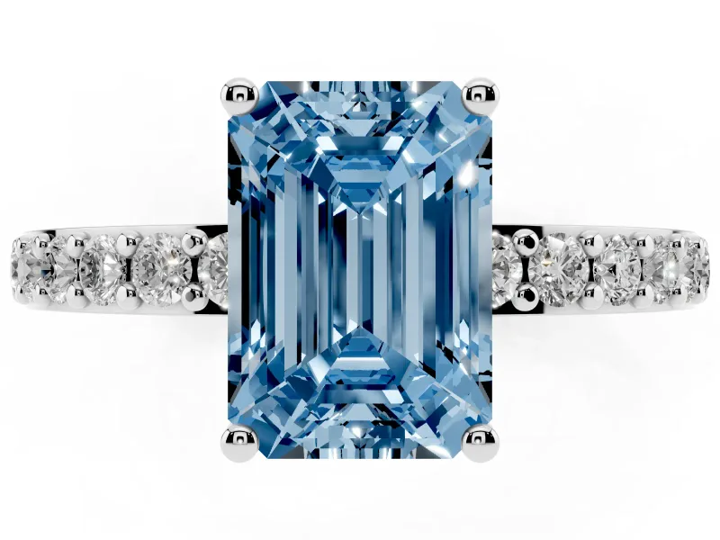 Fancy Blue Emerald Cut Diamond Solitaire Set in Platinum with Round Pavé Band and Prong Setting