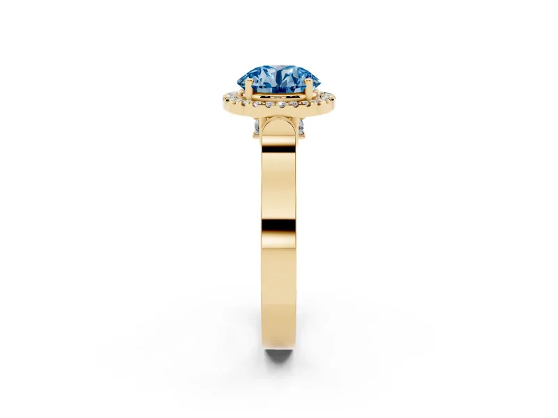 Round Pavé Halo Engagement Ring Setting for a Fancy Blue Lab-Grown Diamond | Yellow Gold