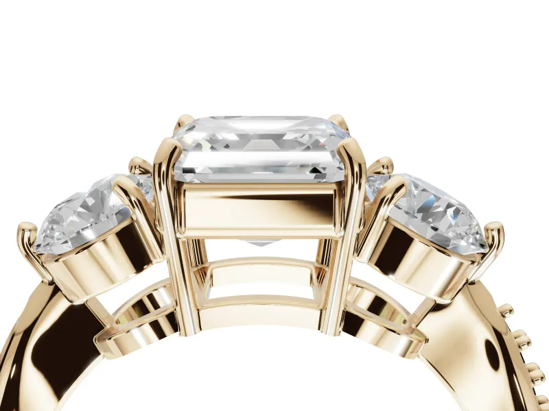 Asscher Cut Three Stone Engagement Ring Setting | Tapered Pave Band | Yellow Gold