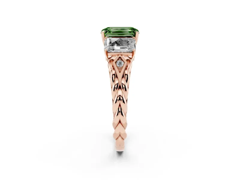 Emerald Cut Three Stone Engagement Ring Setting for a Fancy Green Lab-Grown Diamond | Braided Band | Rose Gold