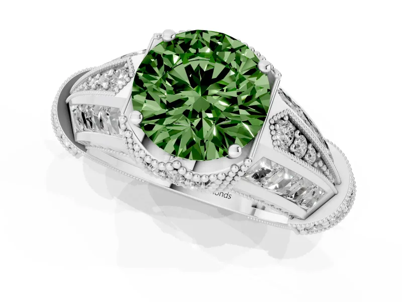 Fancy Green Round Cut Diamond Vintage-Inspired Milgrain Ring Set in White gold with Accent Split Shank