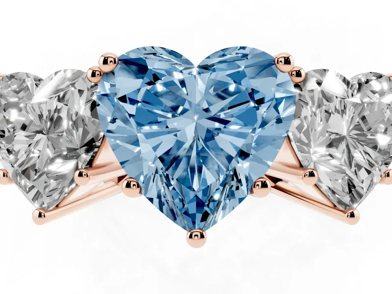 Heart-Shaped Three Stone Engagement Ring Setting for a Fancy Blue Lab-Grown Diamond | Beaded Shoulders | Rose Gold