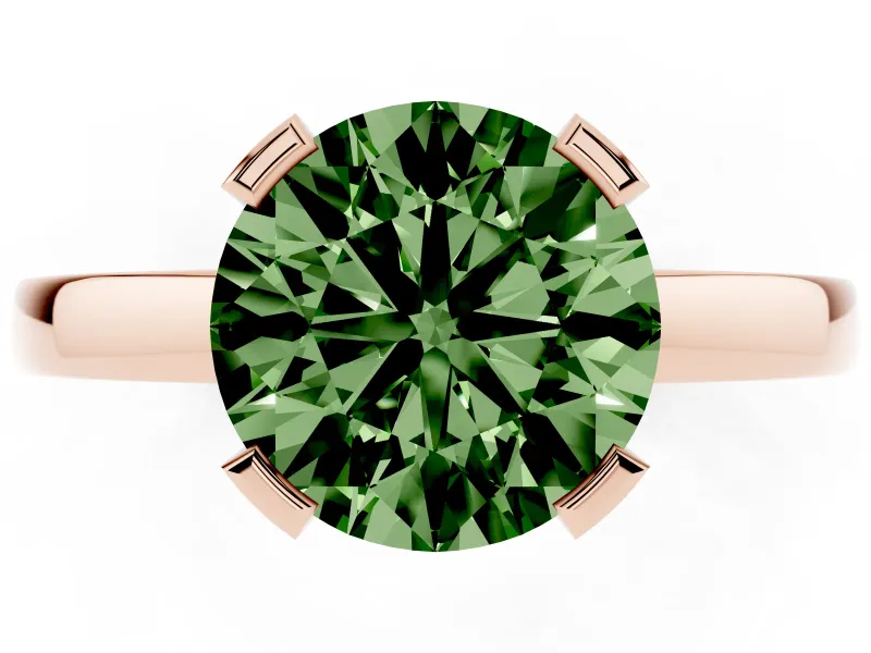 Fancy Green Round Cut Diamond Solitaire Ring Set in Rose gold with Prong Head and Smooth Polished Band