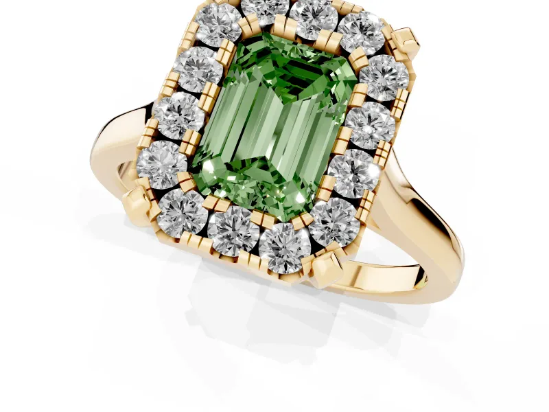 Emerald Cut Claw Corner Halo Engagement Ring Setting for a Fancy Green Lab-Grown Diamond | Slim Plain Band | Yellow Gold