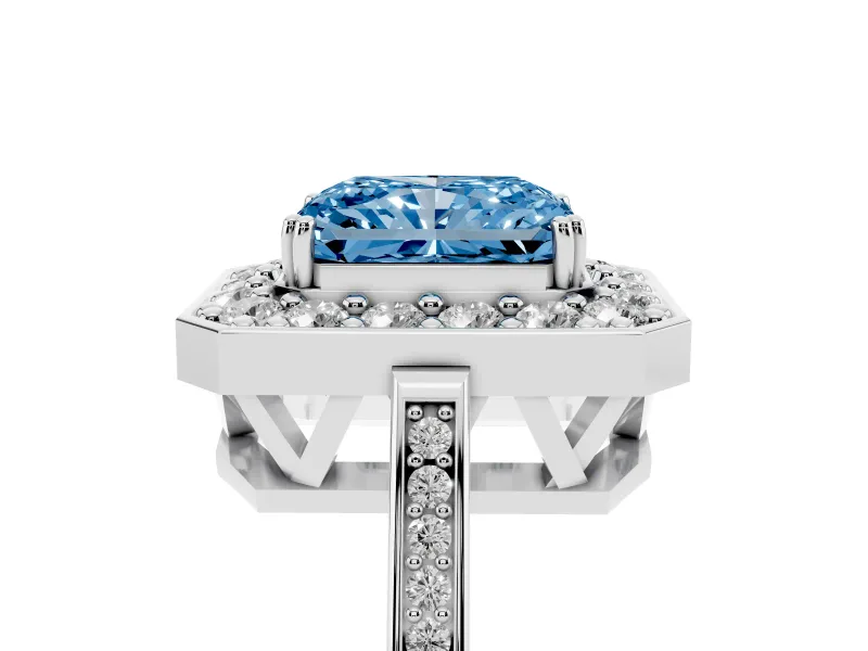 Radiant Cut Halo Engagement Ring Setting for a Fancy Blue Lab-Grown Diamond | Polished Halo Rim | White Gold