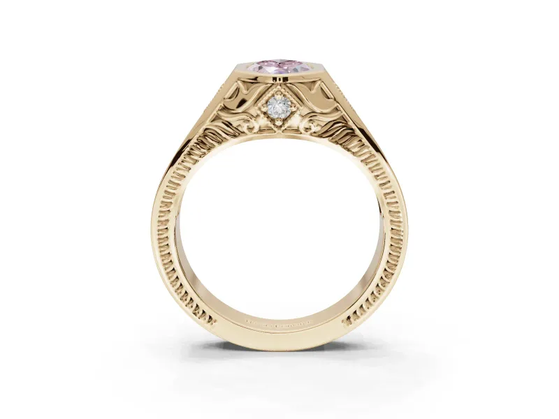 Marquise Vintage Bezel Engagement Ring Setting for a Fancy Pink Lab-Grown Diamond | Engraved Band | Yellow Gold