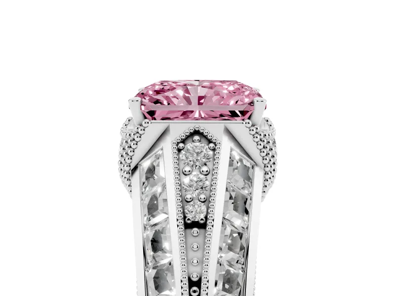 Fancy Pink Radiant Cut Diamond Vintage-Inspired Milgrain Ring Set in White gold with Accent Split Shank