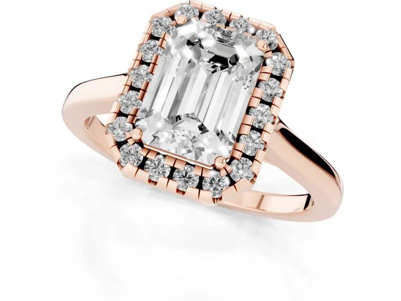 Emerald Cut Halo Round Diamond Solitaire Ring Set in Rose gold with Pavé Band and Prong Setting