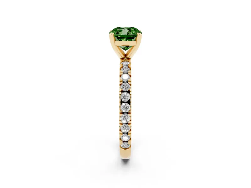 Fancy Green Cushion Cut Diamond Pavé Band Solitaire Set in Yellow gold with Prong Setting