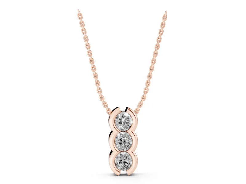 Round Lab-Grown Diamond Three-Stone Vertical Pendant Necklace | Scalloped Rails | Rose Gold