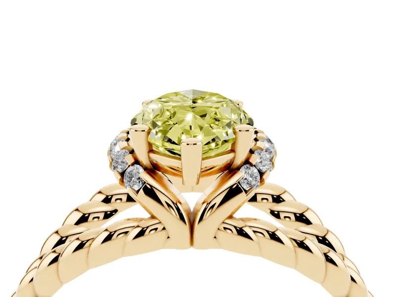 Fancy Yellow Marquise Cut Diamond Halo Ring Set in Yellow gold with Twisted Band and Prong Setting