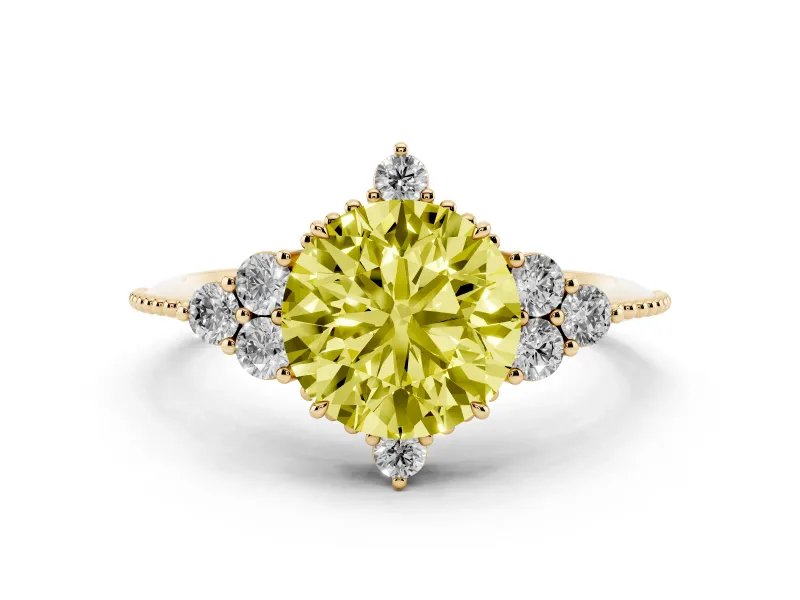 Fancy Yellow Round Cut Diamond Cluster Ring Set in Yellow gold with Beaded Band
