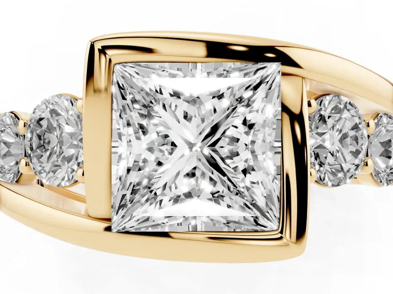 Princess Cut Diamond Bezel Bypass Ring Set in Yellow gold with Round Accents