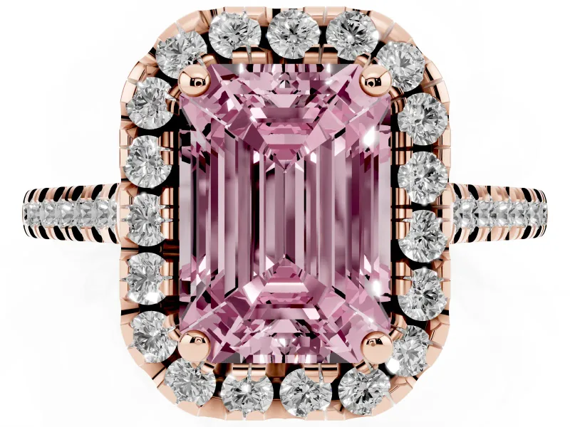Emerald Cut Halo Engagement Ring Setting for a Fancy Pink Lab-Grown Diamond | Tapered Band | Rose Gold