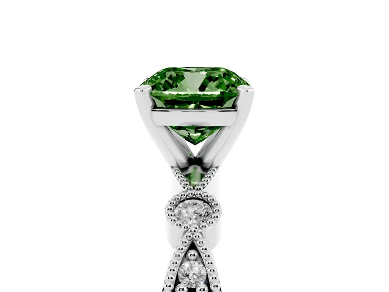 Fancy Green Cushion Cut Diamond Solitaire Engagement Ring Set in Platinum with Milgrain Bezel Accent Band