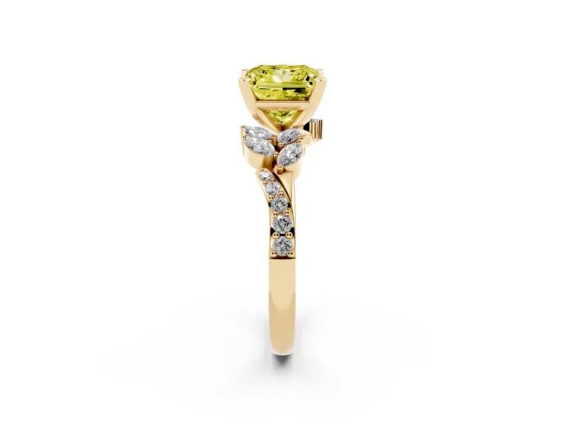 Princess Cut Floral Engagement Ring Setting for a Fancy Yellow Lab-Grown Diamond | Marquise Side Stones | Yellow Gold