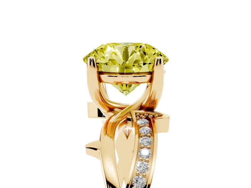 Fancy Yellow Round Cut Diamond Pavé Twist Band Solitaire Ring Set in Yellow gold with Prong Setting