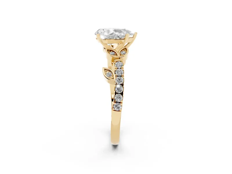 Pear Cut Diamond Solitaire Leaf-Inspired Ring Set in Yellow gold with Pavé Band and Prong Setting