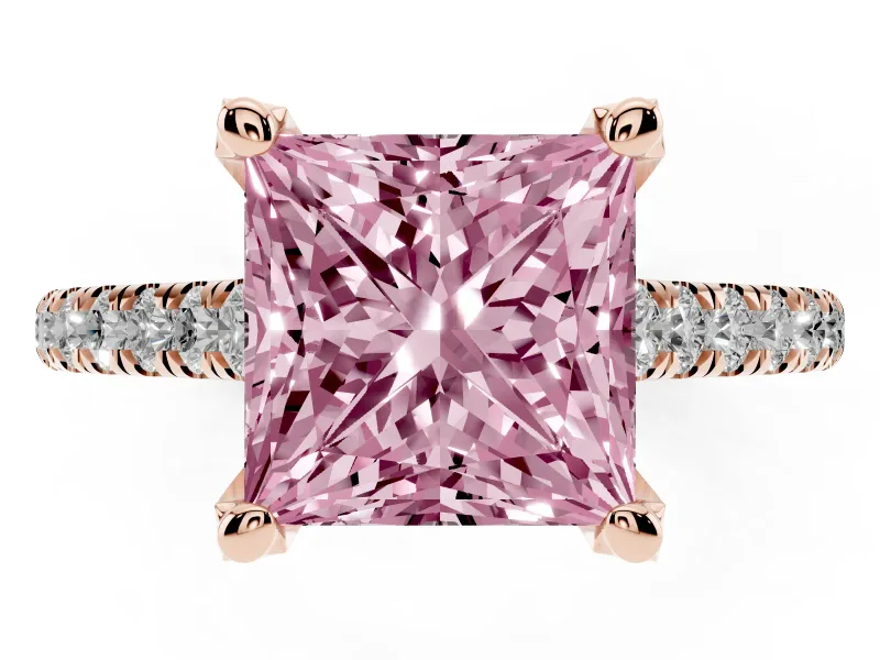 Princess Cut Hidden Halo Pave Engagement Ring Setting for a Fancy Pink Lab-Grown Diamond | Claw Prongs | Rose Gold