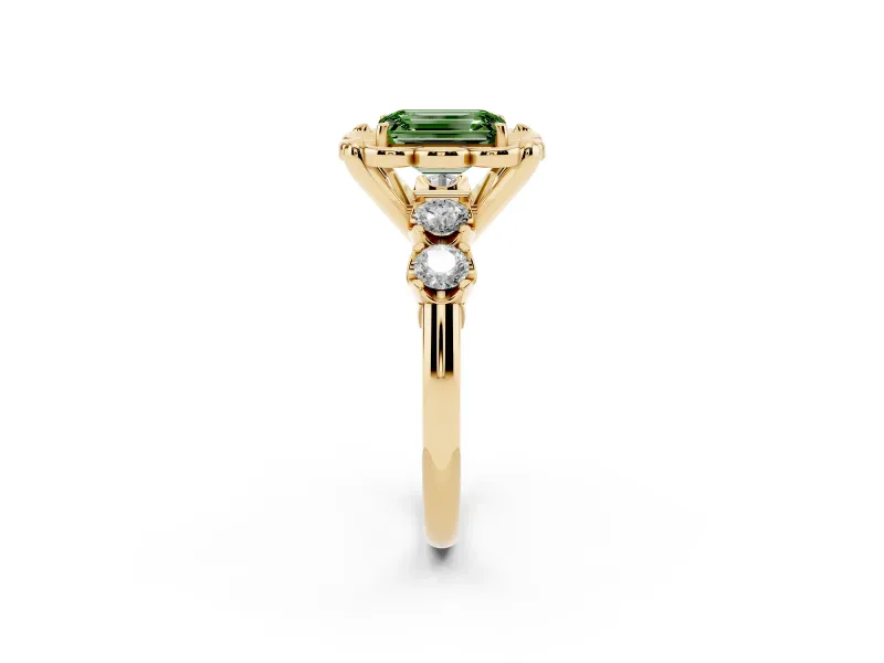 Fancy Green Emerald Cut Diamond Floral Halo Ring Set in Yellow gold with Shared Prong Band