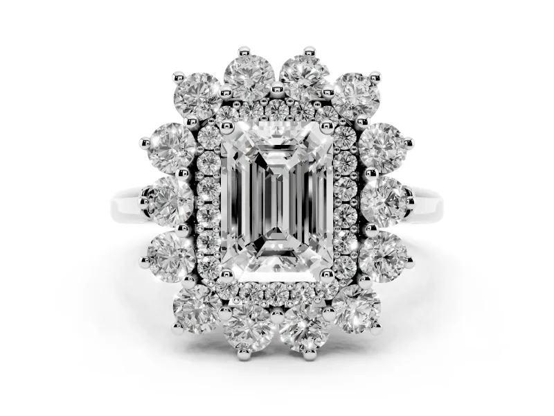 Emerald Cut Diamond Floral Double Halo Ring Set in Platinum with Round Petals