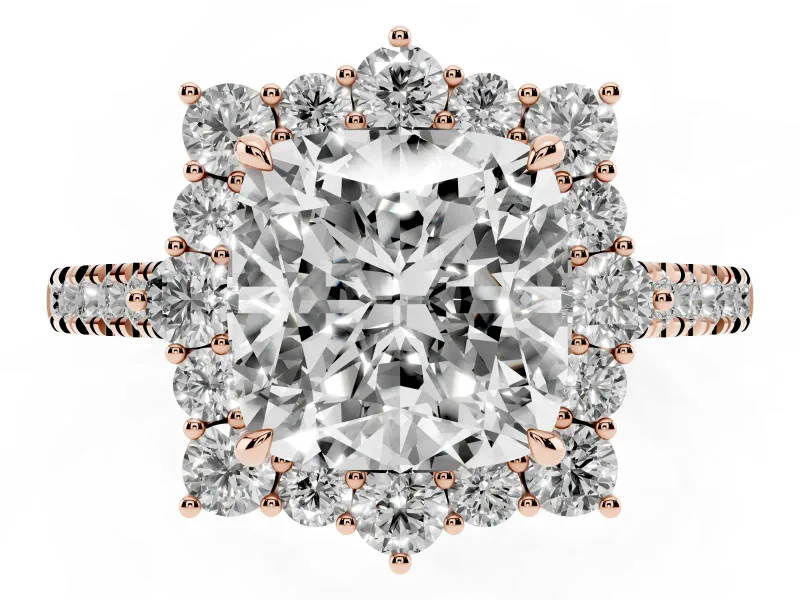 Cushion Cut Scalloped Halo Engagement Ring Setting | Single Row Pave | Rose Gold