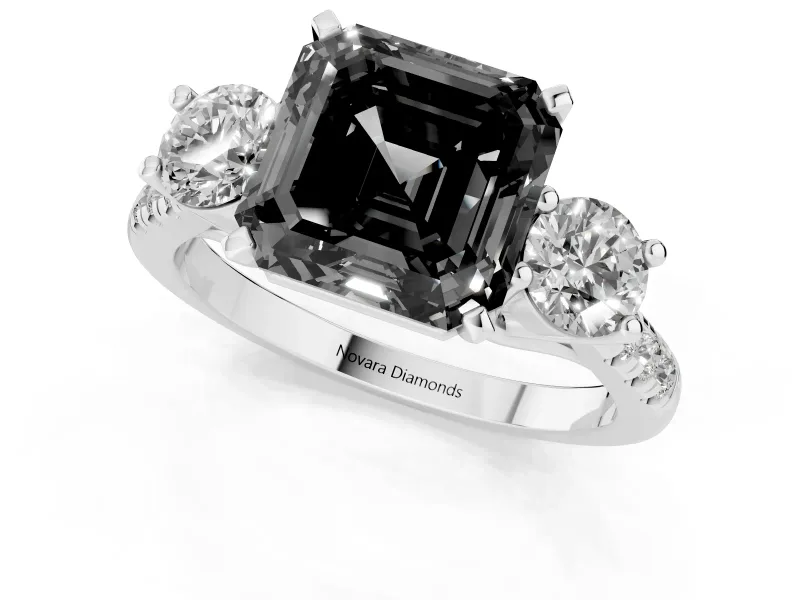 Fancy Black Three-Stone Asscher Cut Diamond Pavé Band Ring Set in Silver with Prong-Set Trio