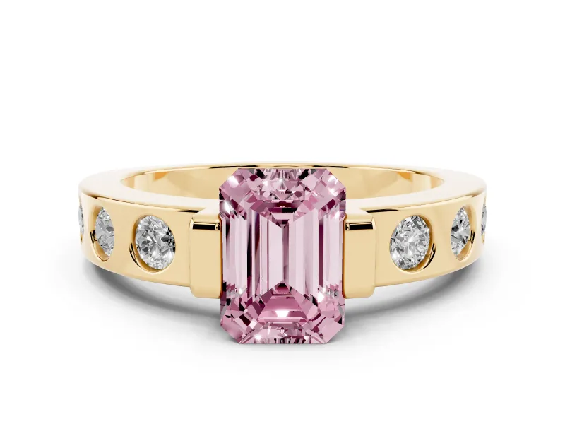 Fancy Pink Emerald Cut Diamond Channel-Set Band Ring Set in Yellow gold with Bezel Prong Setting