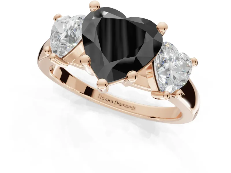Heart-Shaped Three Stone Engagement Ring Setting for a Black Center | Tapered Band | Rose Gold
