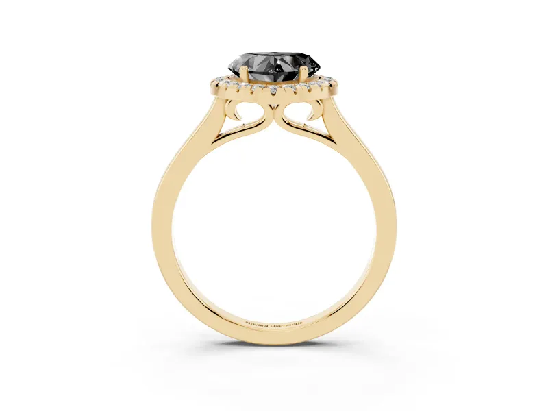 Fancy Black Heart Cut Halo Round Diamond Solitaire Ring Set in Yellow gold with Pavé Band and Prong Setting