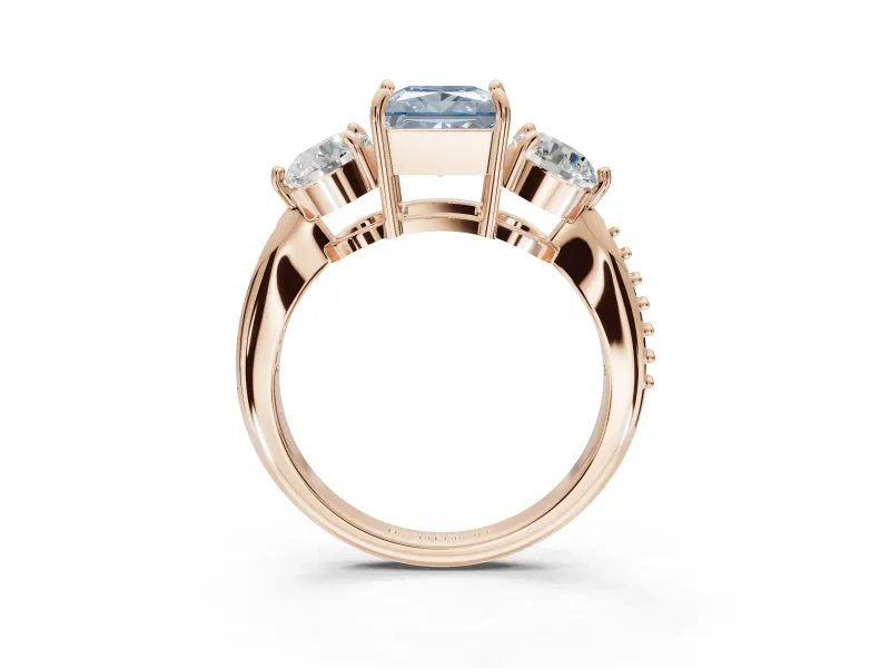 Princess Cut Three Stone Engagement Ring Setting for a Fancy Blue Lab-Grown Diamond | Tapered Pave Band | Rose Gold