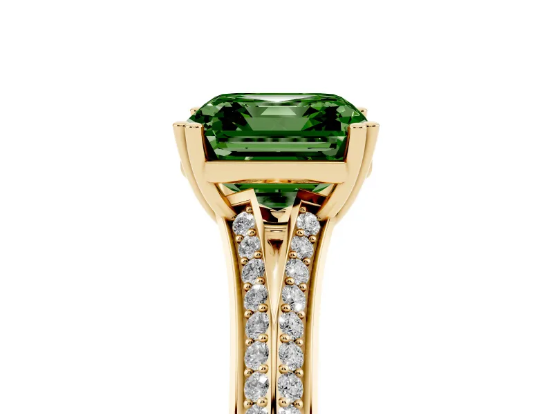 Asscher Cut Split Shank Engagement Ring Setting for a Fancy Green Lab-Grown Diamond | Pave Band | Yellow Gold