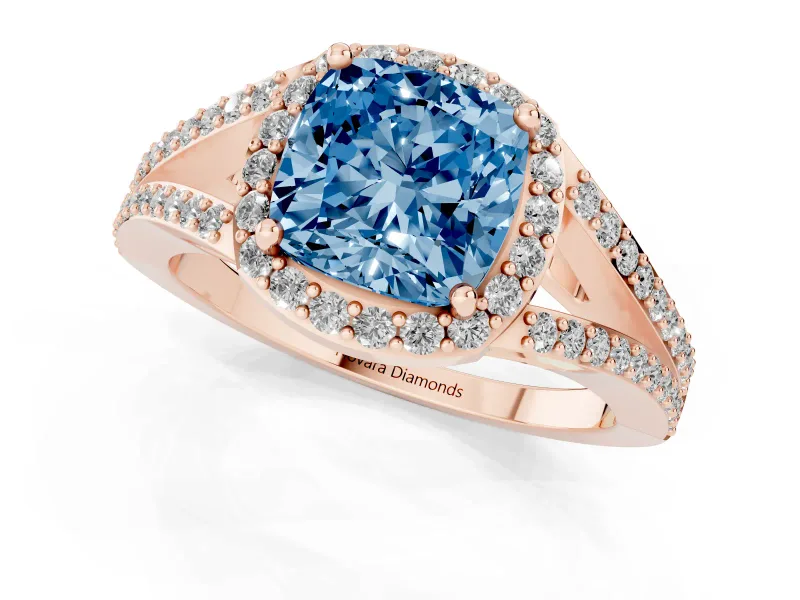 Cushion Cut Split Shank Halo Engagement Ring Setting for a Fancy Blue Lab-Grown Diamond | Rose Gold