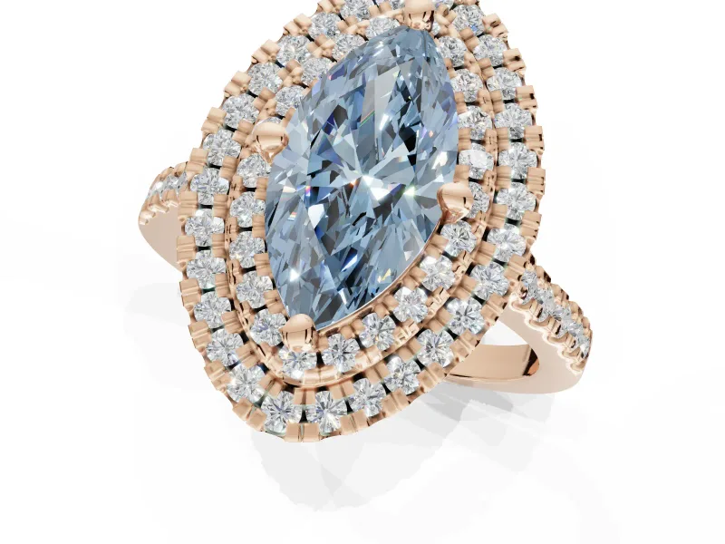 Fancy Blue Marquise Lab-Grown Diamond Double Halo Statement Ring Set in Rose Gold with Pavé Band