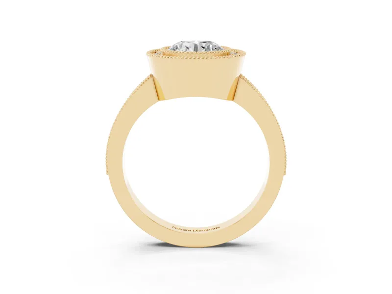 Round Cut Diamond Halo Engagement Ring Set in Yellow gold with Pavé Band and Round Halo Stones
