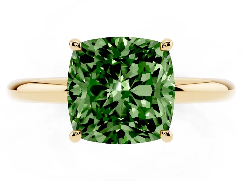 Fancy Green Cushion Cut Diamond Solitaire Ring Set in Yellow gold with Thin Band and Prong Setting