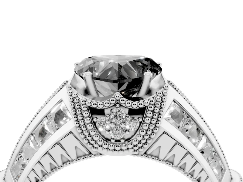 Fancy Black Heart Cut Diamond Vintage-Inspired Milgrain Ring Set in Platinum with Accent Split Shank