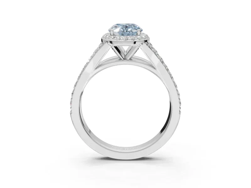 Oval Halo Pavé Engagement Ring Setting for a Fancy Blue Lab-Grown Diamond | Narrow Split Shank | Sterling Silver
