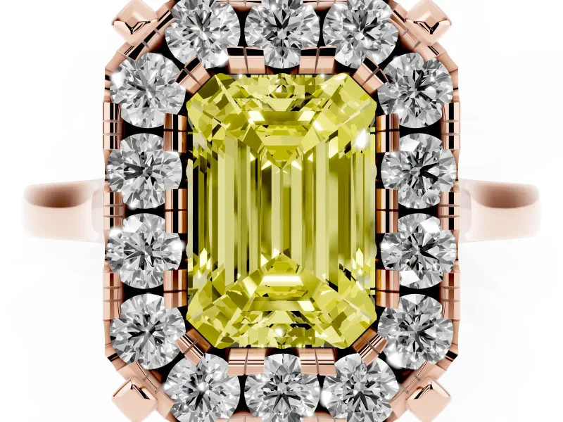 Emerald Cut Claw Corner Halo Engagement Ring Setting for a Fancy Yellow Lab-Grown Diamond | Slim Plain Band | Rose Gold
