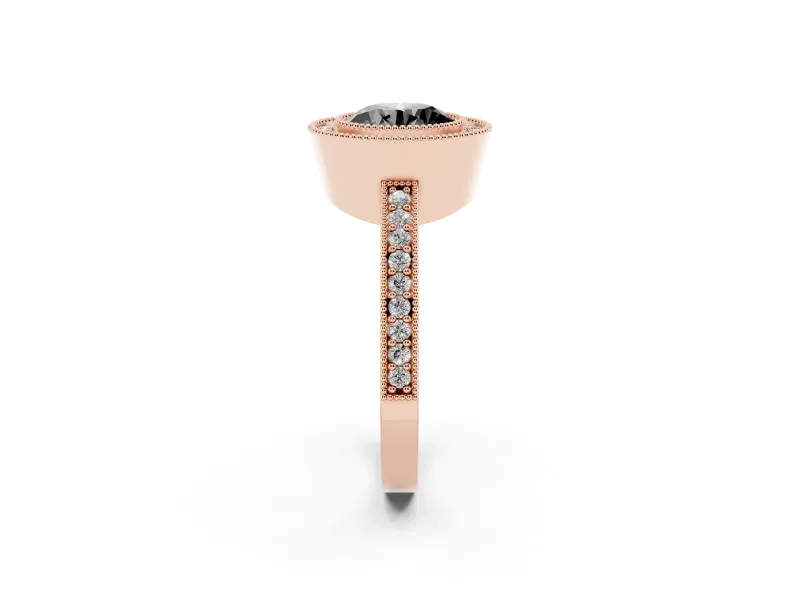 Fancy Black Round Cut Diamond Halo Engagement Ring Set in Rose gold with Pavé Band and Round Halo Stones