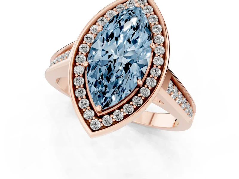Fancy Blue Marquise Cut Diamond Halo Solitaire Ring Set in Rose gold with Pavé Band and Bezel Setting
