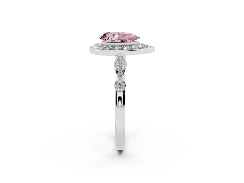 Fancy Pink Pear Cut Diamond Halo Engagement Ring Set in Silver with Twisted Band and Prong Setting