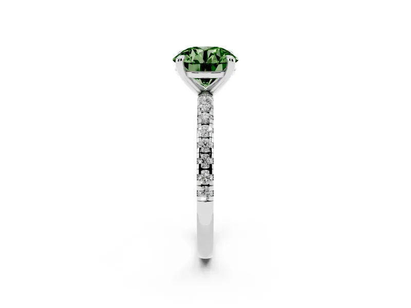 Fancy Green Round Cut Diamond Brilliant Solitaire Ring Set in Platinum with Pavé Band and Prong Setting
