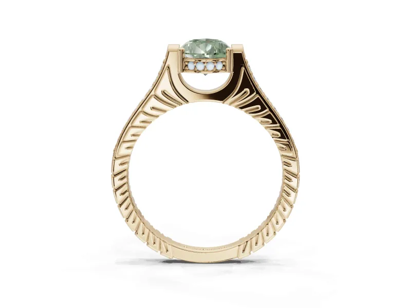 Pear-Shaped Vintage Cathedral Engagement Ring Setting for a Fancy Green Lab-Grown Diamond | Carved Band | Yellow Gold