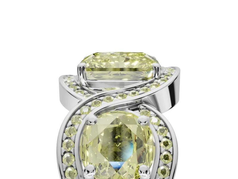 Radiant Cut Three Stone Engagement Ring Setting for a Fancy Yellow Lab-Grown Diamond | Pavé Wave Band | Sterling Silver