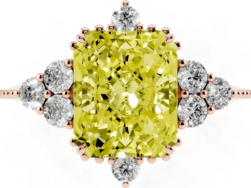 Fancy Yellow Radiant Cut Diamond Cluster Ring Set in Rose gold with Beaded Band