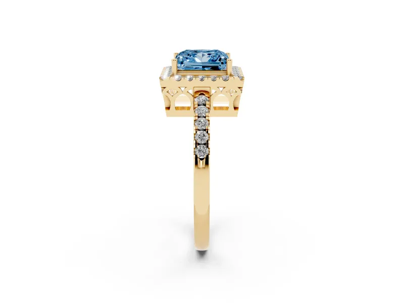 Fancy Blue Princess Cut Diamond Pavé Band Halo Engagement Ring Set in Yellow gold with Prong Setting